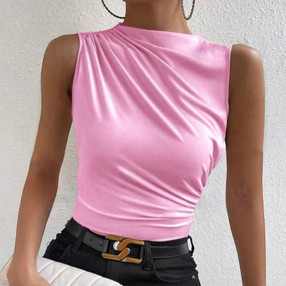 Tops - Ruched cowl neck top sleeveless t shirt tank blouse side shoulder pink S Easter